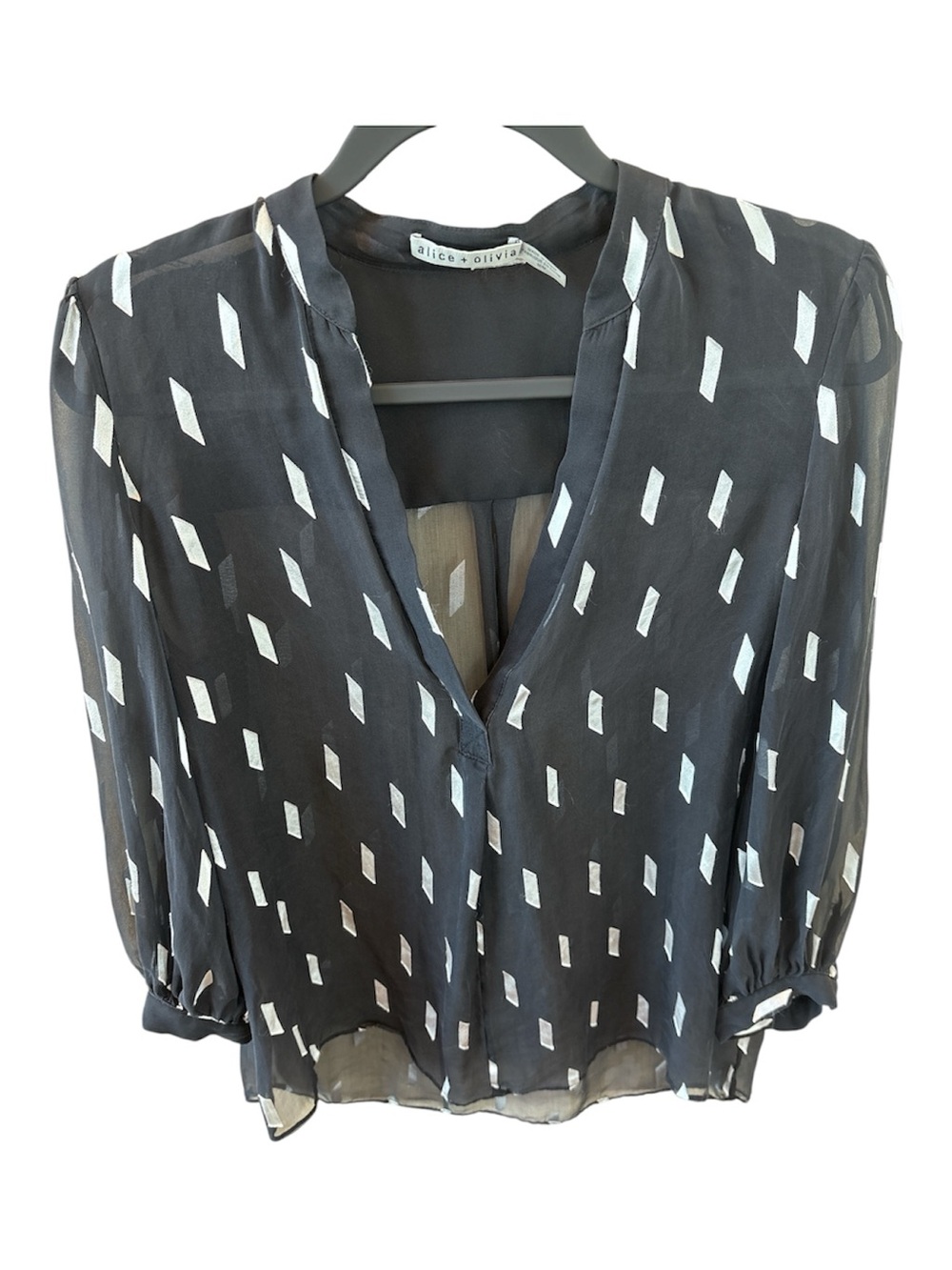 Alice + Olivia Black Sheer V-Neck Blouse with White Geometric Accents